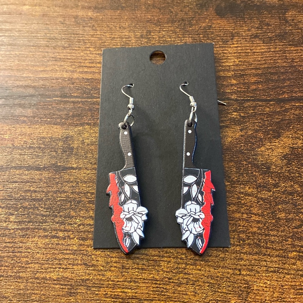 Floral graphic dagger earrings with blood
